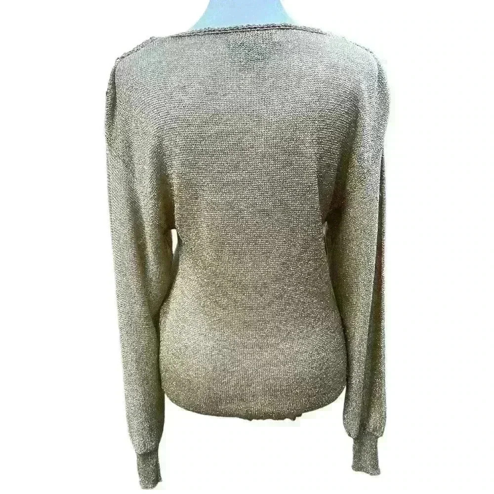 Vintage stretchy fitted sheer metallic gold knitted sweater with lace yoke M - Picture 6 of 6